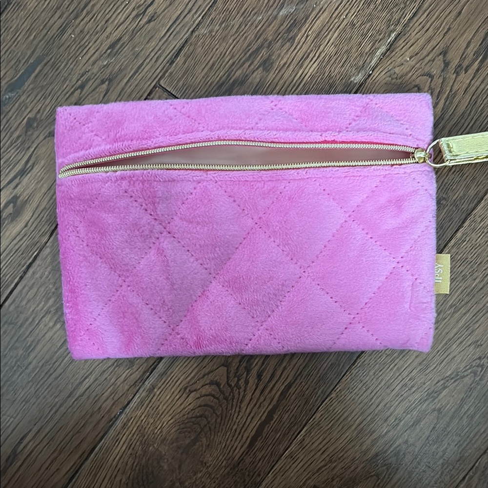 Ipsy Pink Quilted Cosmetic Bag with Gold Zipper